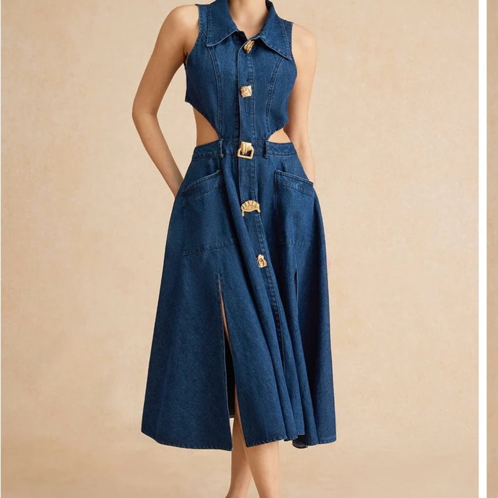 Denim Maxi Dress with Gold Accents brand is Micas